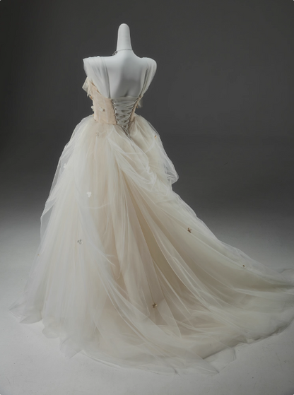 Off-White A-line Straps Tulle Long Prom Dress Simple Applique Wedding Dress ED01556