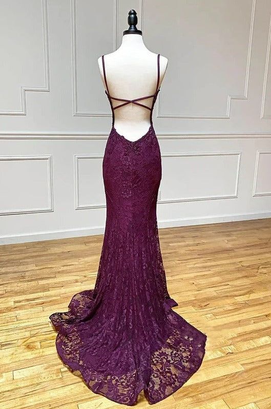 Grape Spaghetti Straps Sweetheart Open Back Lace Mermaid Gown with Slit