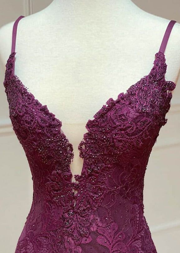 Grape Spaghetti Straps Sweetheart Open Back Lace Mermaid Gown with Slit