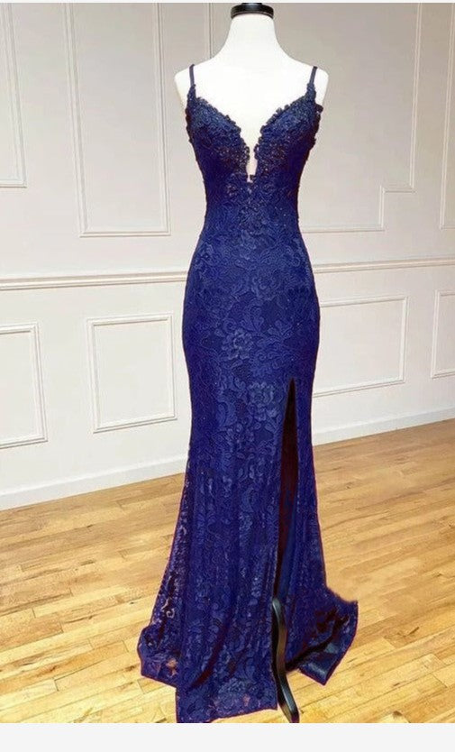 Navy Blue Spaghetti Straps Sweetheart Open Back Lace Mermaid Gown with Slit