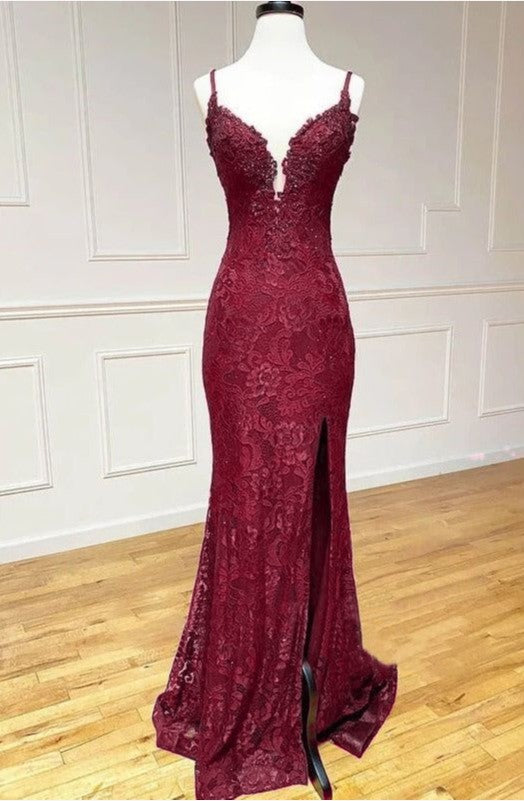 Red Spaghetti Straps Sweetheart Open Back Lace Mermaid Gown with Slit