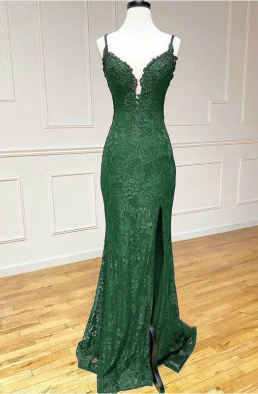 Green Spaghetti Straps Sweetheart Open Back Lace Mermaid Gown with Slit