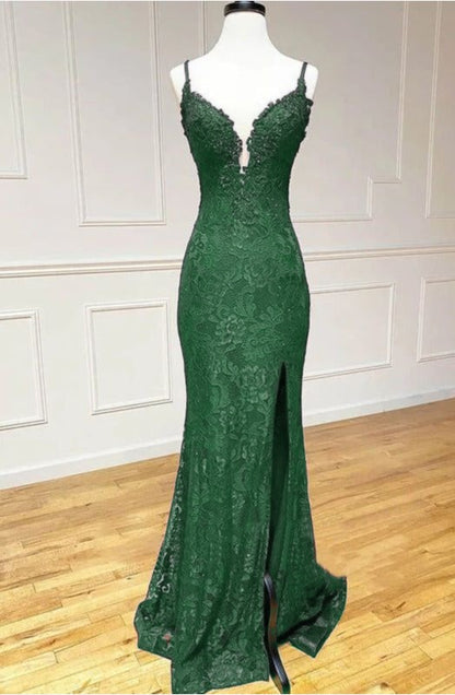 Green Spaghetti Straps Sweetheart Open Back Lace Mermaid Gown with Slit