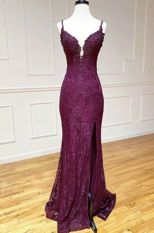 Grape Spaghetti Straps Sweetheart Open Back Lace Mermaid Gown with Slit
