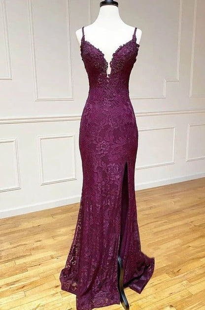 Grape Spaghetti Straps Sweetheart Open Back Lace Mermaid Gown with Slit