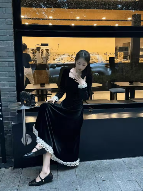 Französisches klassisches Retro-Kleid mit quadratischem Ausschnitt und schwerer schwarzer Taille ED0155 