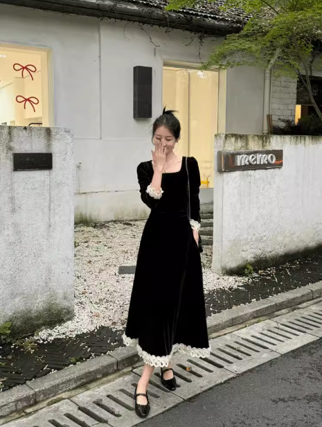 Französisches klassisches Retro-Kleid mit quadratischem Ausschnitt und schwerer schwarzer Taille ED0155 