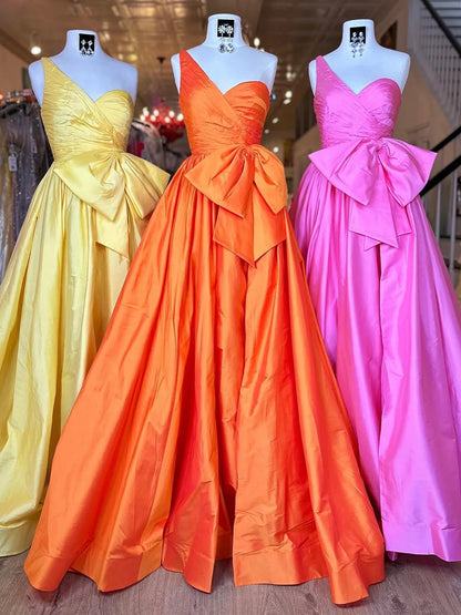 A-line one shoulder satin long prom dress with bow ED01562
