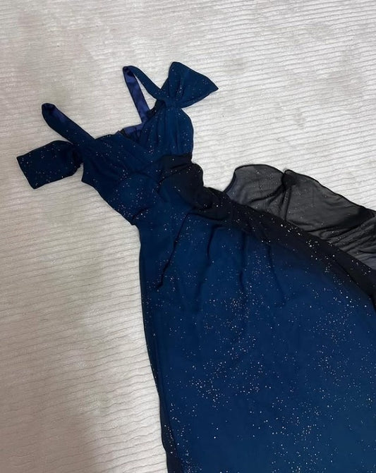 Glitter ✨Gradient Blue Prom Dress for Birthday&Party-Elegant V-neck Spaghetti Straps Evening Dress