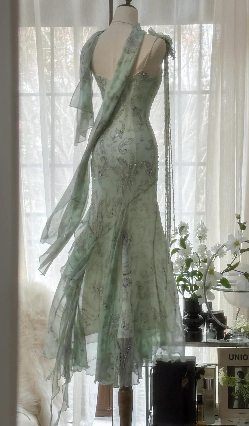 Gentle green Mermaid Spaghetti Strap Chiffon  Beaded Applique Long Prom Dress