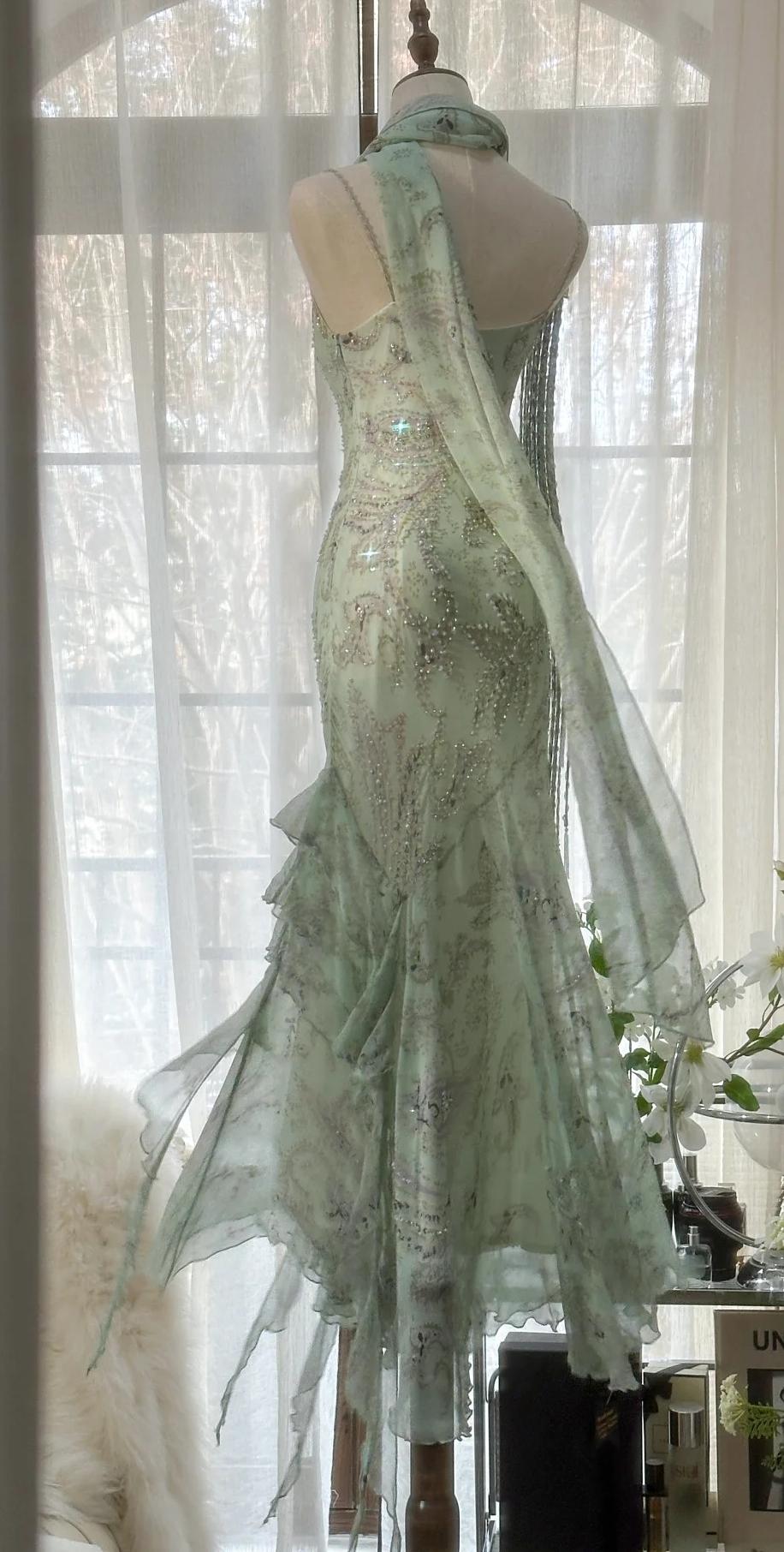Gentle green Mermaid Spaghetti Strap Chiffon  Beaded Applique Long Prom Dress
