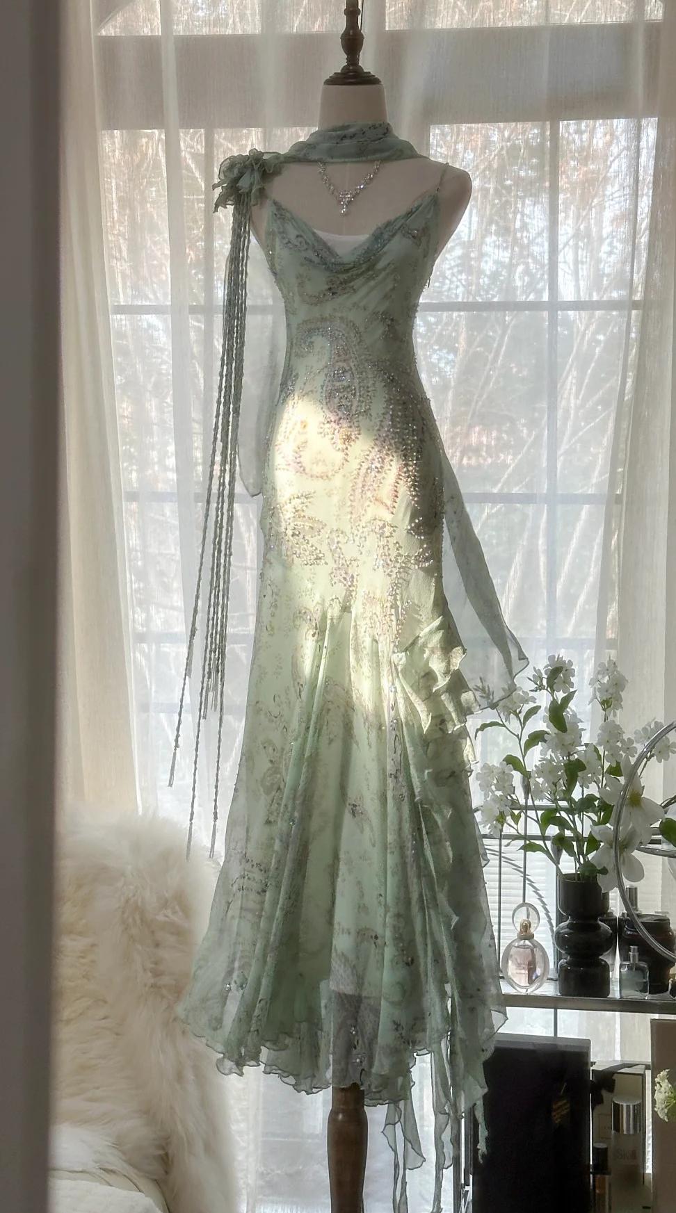 Gentle green Mermaid Spaghetti Strap Chiffon  Beaded Applique Long Prom Dress