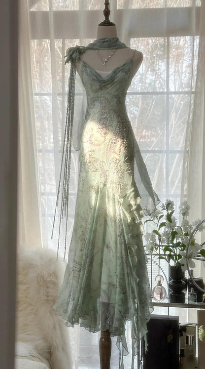 Gentle green Mermaid Spaghetti Strap Chiffon  Beaded Applique Long Prom Dress