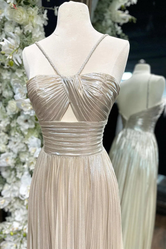 Robe de bal longue métallisée à bretelles spaghetti et fente ED01567