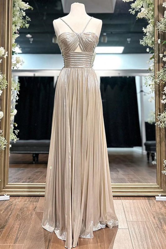 Robe de bal longue métallisée à bretelles spaghetti et fente ED01567