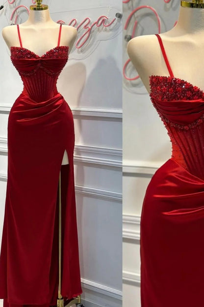 Chic Mermaid Spaghetti StrapsSatin  Long Formal Dress with Beading ED01569
