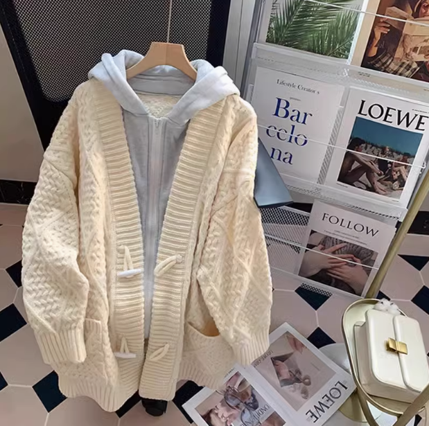 Fake two-piece hooded sweater jacket loose lazy style mid-length knitted cardigan ED0156