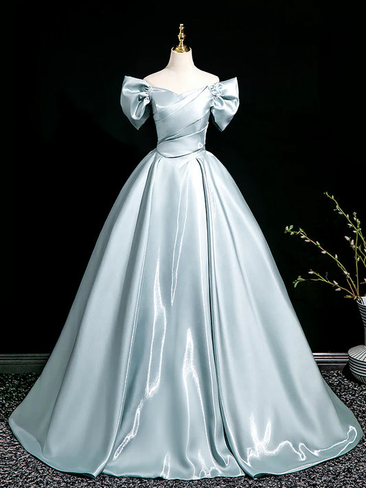 Robe de bal longue en satin bleu à col en V et coupe trapèze, robe de soirée longue bleue ED01572