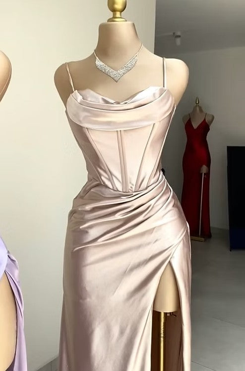 Dark Green Mermaid Satin Spaghetti Straps Long Prom Dress With Split