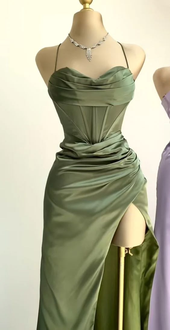Dark Green Mermaid Satin Spaghetti Straps Long Prom Dress With Split