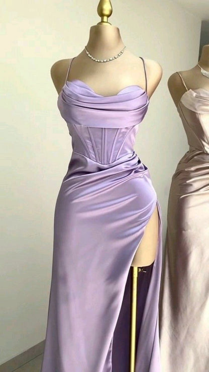 Dark Green Mermaid Satin Spaghetti Straps Long Prom Dress With Split