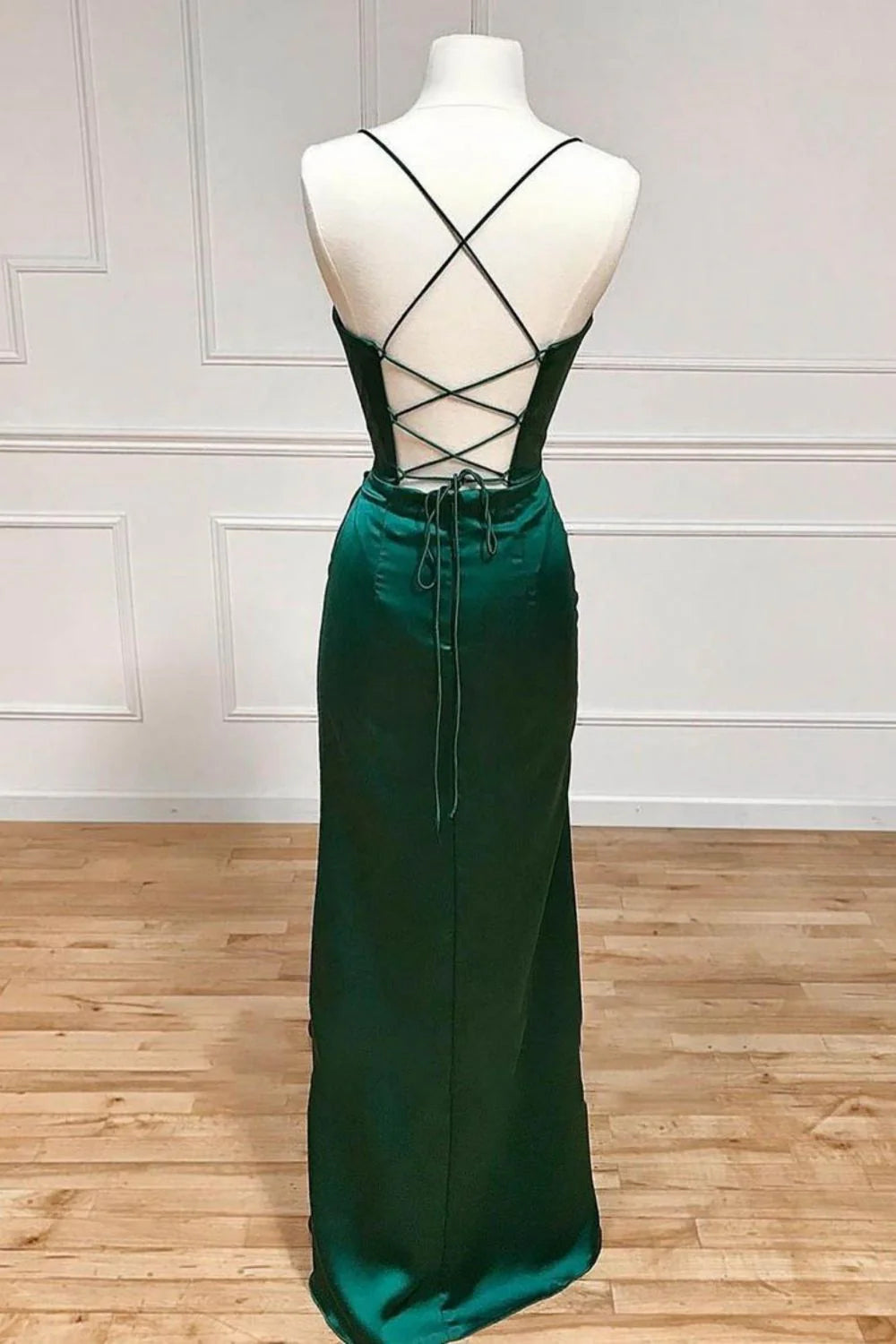Dark Green Mermaid Satin Spaghetti Straps Long Prom Dress With Split