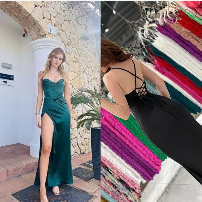 Dark Green Mermaid Satin Spaghetti Straps Long Prom Dress With Split