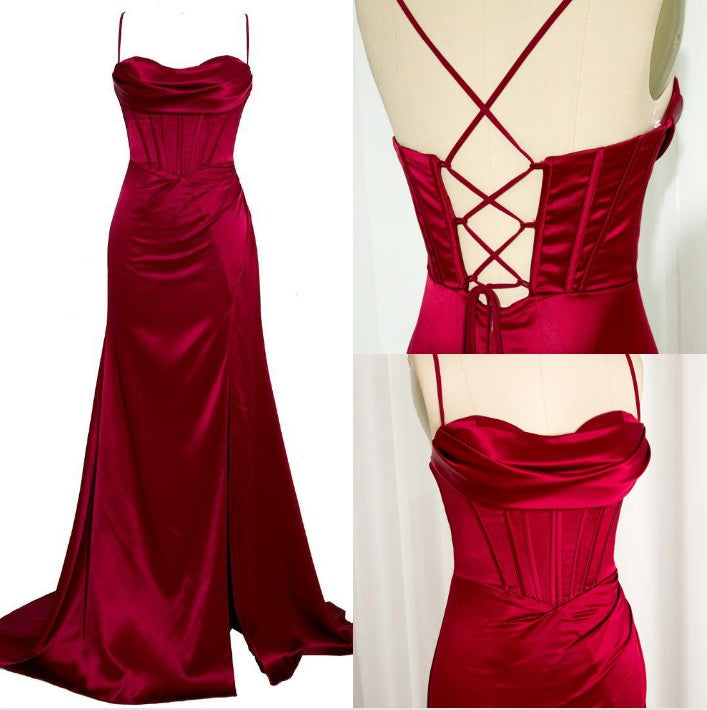 Dark Green Mermaid Satin Spaghetti Straps Long Prom Dress With Split