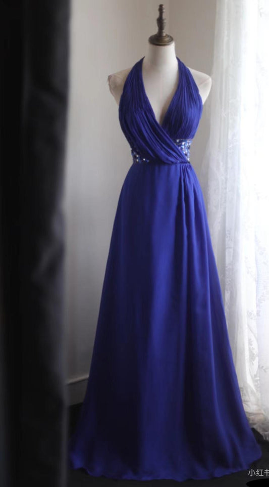Robe de bal longue bleu roi en satin et mousseline de soie, coupe trapèze, col en V, avec perles, pour fête d'anniversaire, ED01581