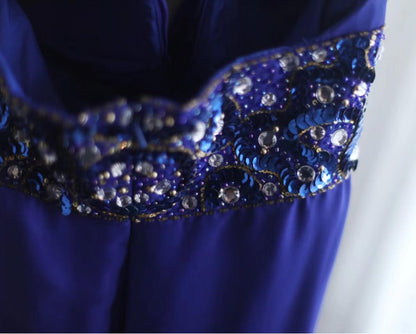 Robe de bal longue bleu roi en satin et mousseline de soie, coupe trapèze, col en V, avec perles, pour fête d'anniversaire, ED01581