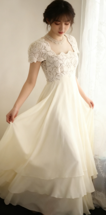 Beige Square Neck Chiffon Lace Empire Dress Long Prom Dress Beaded Wedding Dress  ED01583