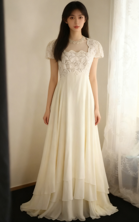 Beige Square Neck Chiffon Lace Empire Dress Long Prom Dress Beaded Wedding Dress  ED01583