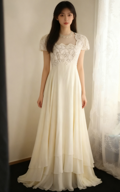 Beige Square Neck Chiffon Lace Empire Dress Long Prom Dress Beaded Wedding Dress  ED01583