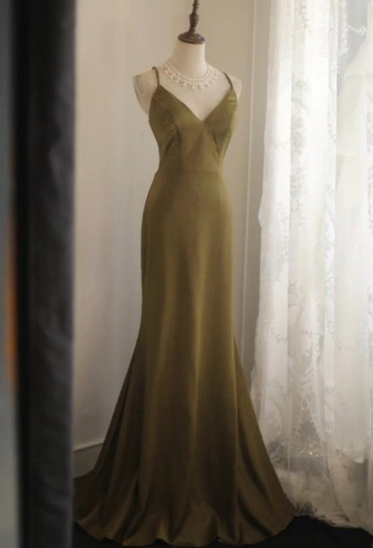 Robe de bal longue en satin à col en V et sirène, élégante robe de soirée à bretelles spaghetti ED01584