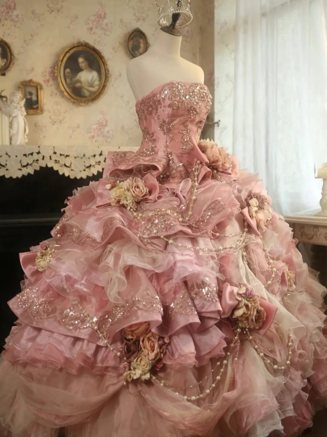 Robe de bal longue rose sans bretelles en satin, tulle, sequins, perles et diamants ED01585