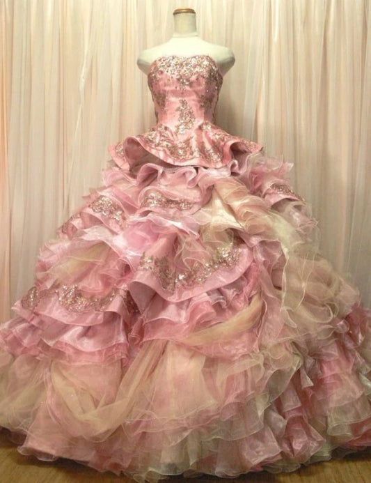 Sweet A-Line Strapless Satin Tulle Sequined Wedding Dress Beaded Diamond Long Ball Gown  ED01585