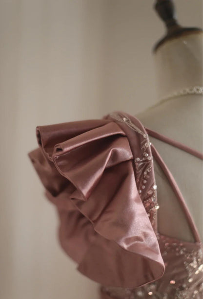 Pink Mermaid One Shoulder Satin Beaded Sequin Long Prom Dress Bridalmaid Dress