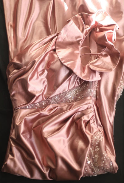 Rosa Meerjungfrau One-Shoulder Satin Perlen Pailletten Langes Ballkleid Brautjungfernkleid ED01588