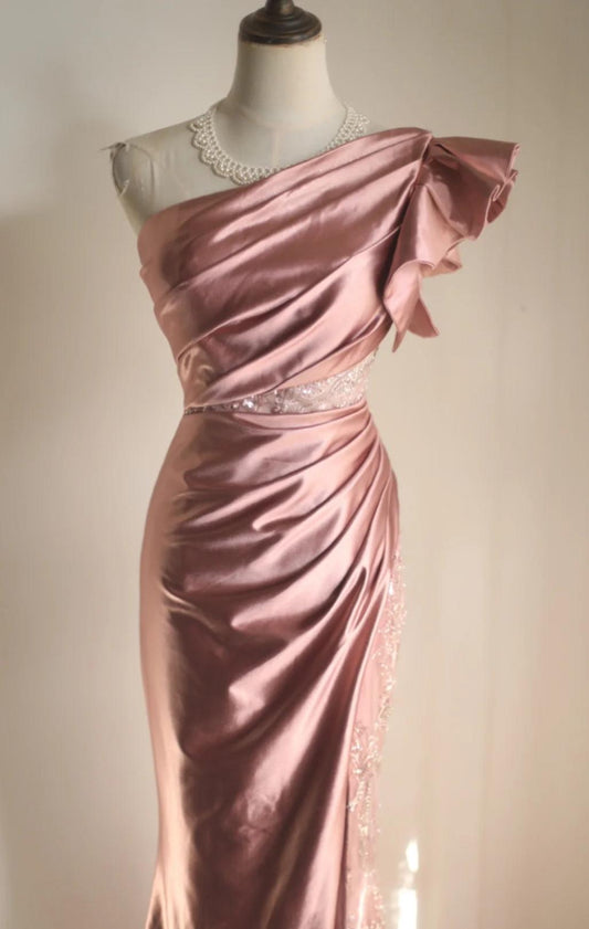 Rosa Meerjungfrau One-Shoulder Satin Perlen Pailletten Langes Ballkleid Brautjungfernkleid ED01588