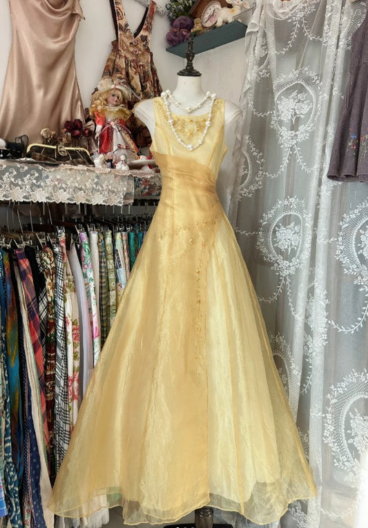 Vintage Gelb A-Linie U-Boot-Ausschnitt Tüll Langes Ballkleid Einfache Stickerei Applikation Abendkleid ED01592