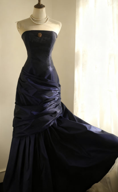 Simple Mermaid Strapless Taffeta Pleated Long Prom Dress Evening Gown ED01594