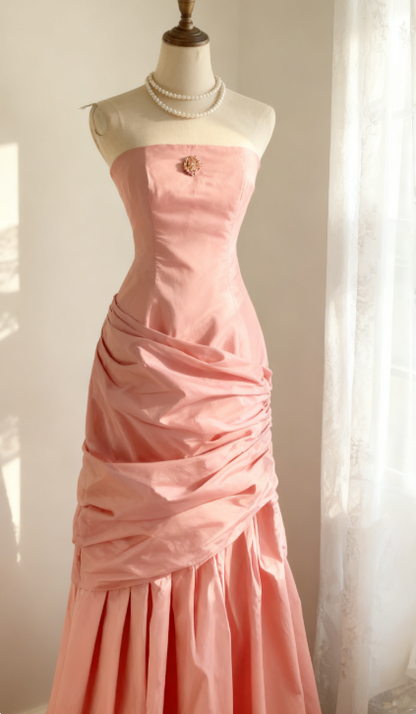 Simple Mermaid Strapless Taffeta Pleated Long Prom Dress Evening Gown ED01594