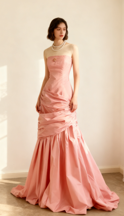 Simple Mermaid Strapless Taffeta Pleated Long Prom Dress Evening Gown ED01594