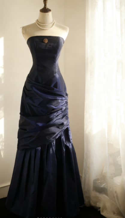 Simple Mermaid Strapless Taffeta Pleated Long Prom Dress Evening Gown ED01594