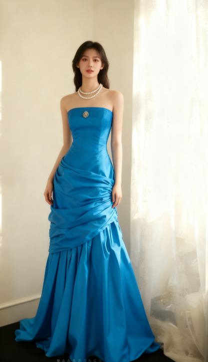 Simple Mermaid Strapless Taffeta Pleated Long Prom Dress Evening Gown ED01594