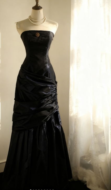 Simple Mermaid Strapless Taffeta Pleated Long Prom Dress Evening Gown ED01594