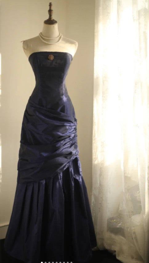 Robe de soirée longue plissée en taffetas, simple, style sirène, sans bretelles, ED01594