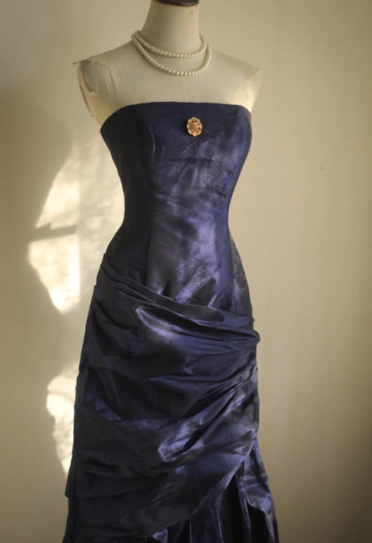 Robe de soirée longue plissée en taffetas, simple, style sirène, sans bretelles, ED01594