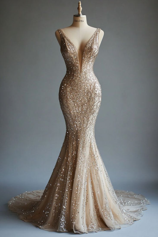Robe de soirée longue en tulle, style sirène, champagne, décolleté en V profond, paillettes et perles, ED01597