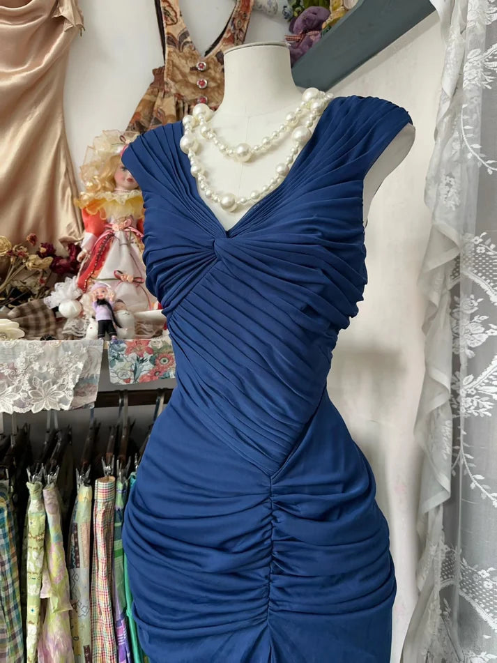 💎Vintage  Midnight Blue Mermaid Gown 🎐V Neck Pretty  Prom Dress for Events&Party